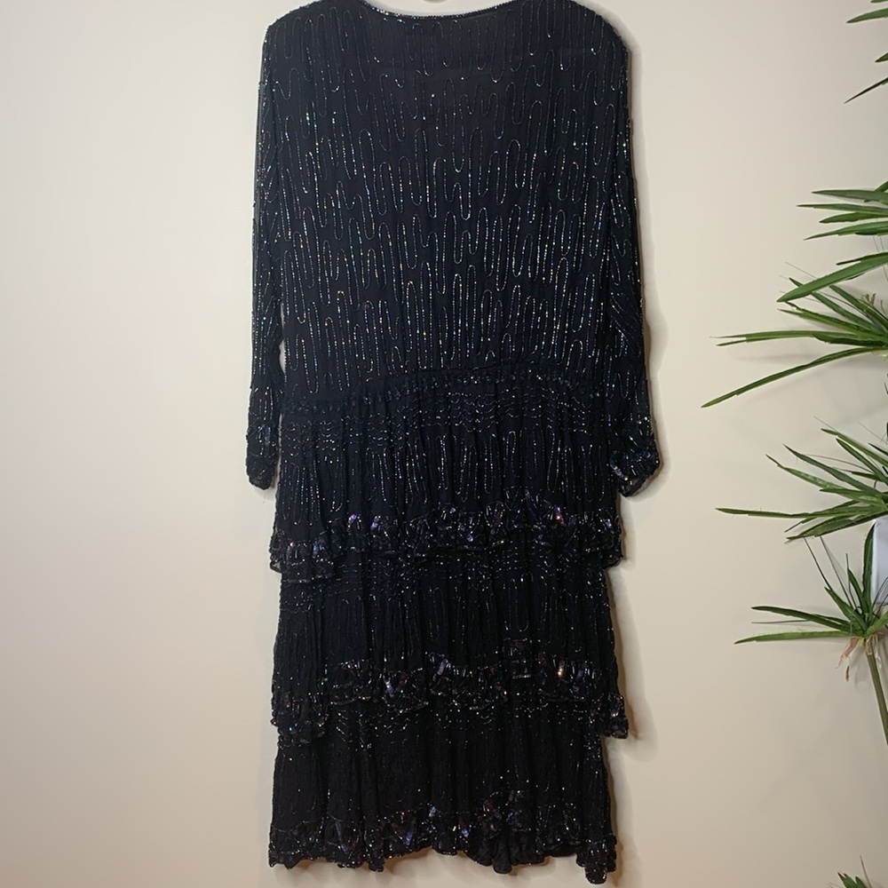 Vintage India Silk Black Beaded Sequin Cocktail Tiered Ruffle Art Deco Dress L - Picture 15 of 15